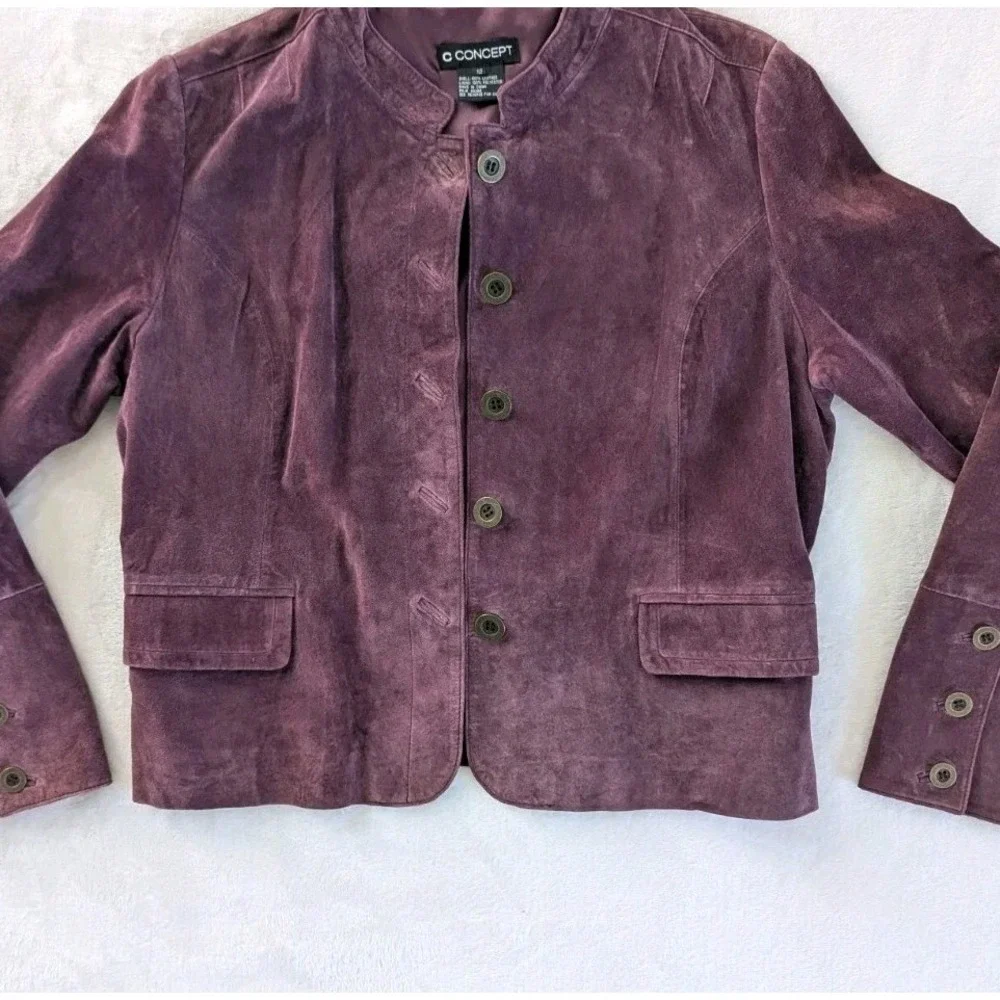 C Concept Burgundy Suede Jacket‎ Women's Sz 12 Button Up Timeless Office Classic